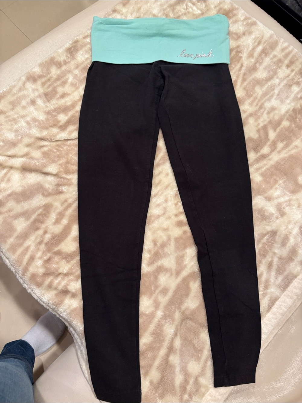 Victoria's Secret Black Leggings with Mint Fold-Over Waistband